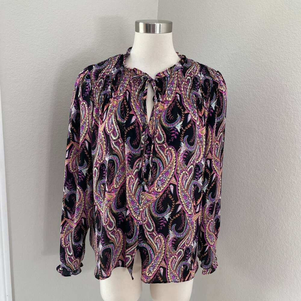 Rose+Olive Womens Large Multicolor Paisley Long Sleeve Blouse Smocked Boho Shirt